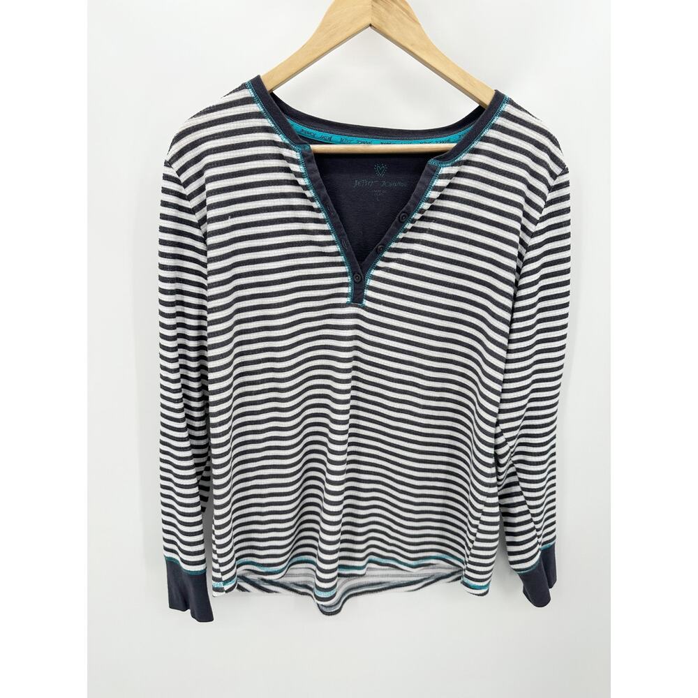 Betsey Johnson Women Grey White Striped V-Neck Henley Long Sleeve Top Large